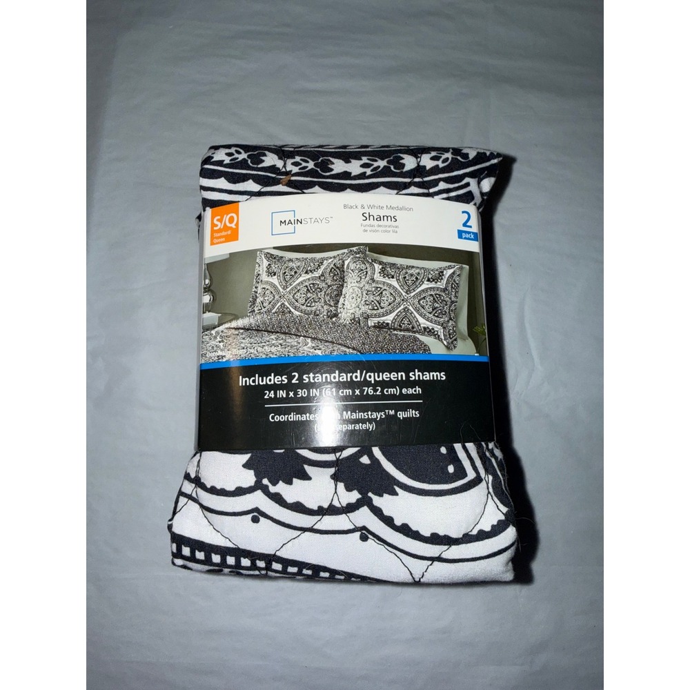 Mainstays Pillow Shams Standard Queen 2 Pack Black White Medallion Quilted